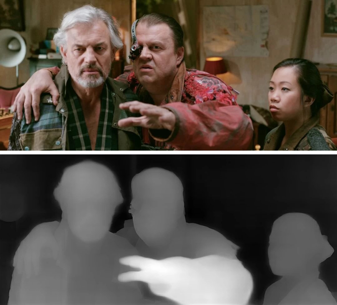 A film frame of three people in a room, and below it the same frame as a grey depth map in which the nearest hand is brightest.