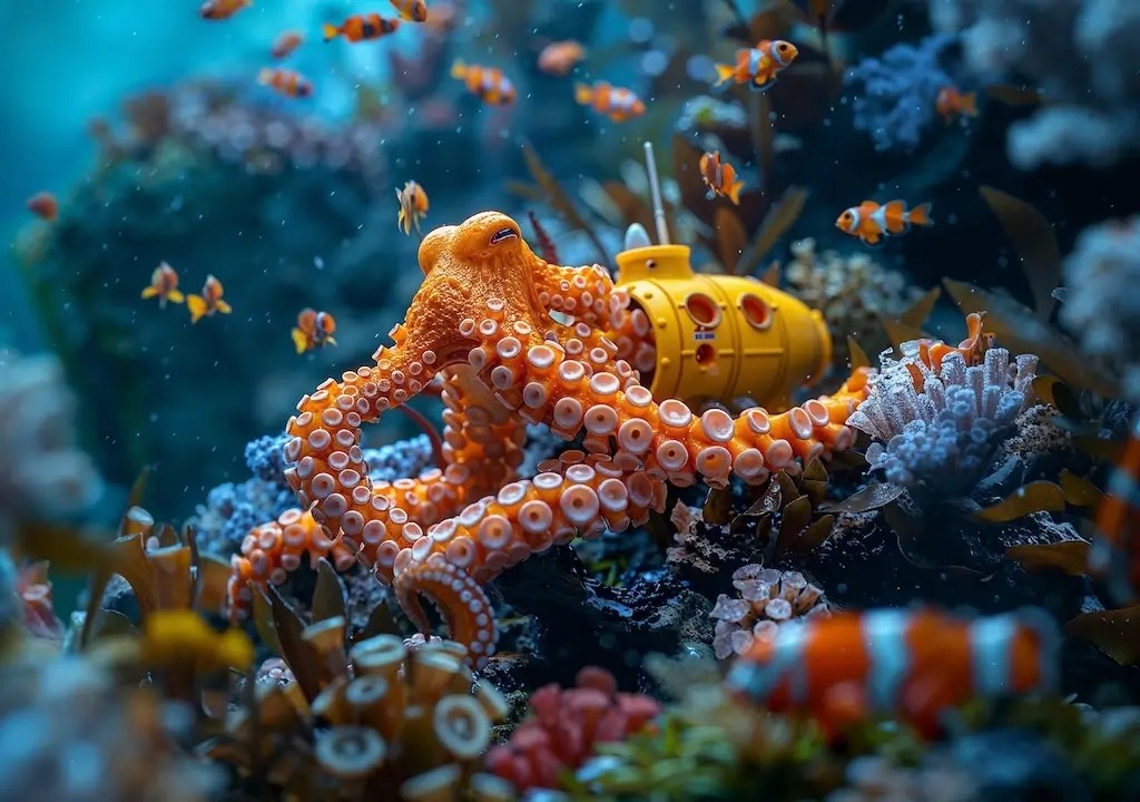 A toy-like orange octopus wrapped round a yellow submarine on a coral reef, with clownfish.