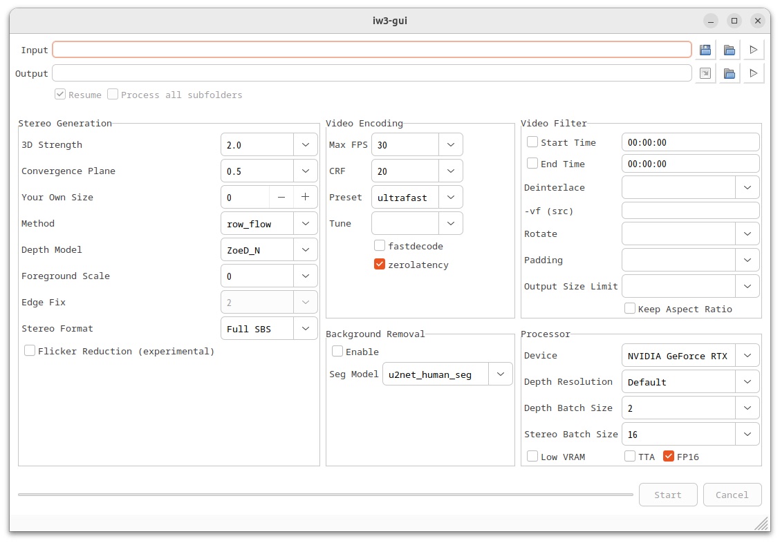 The iw3 program window, with settings for 3D strength, depth model, stereo format (Full SBS) and the graphics card.