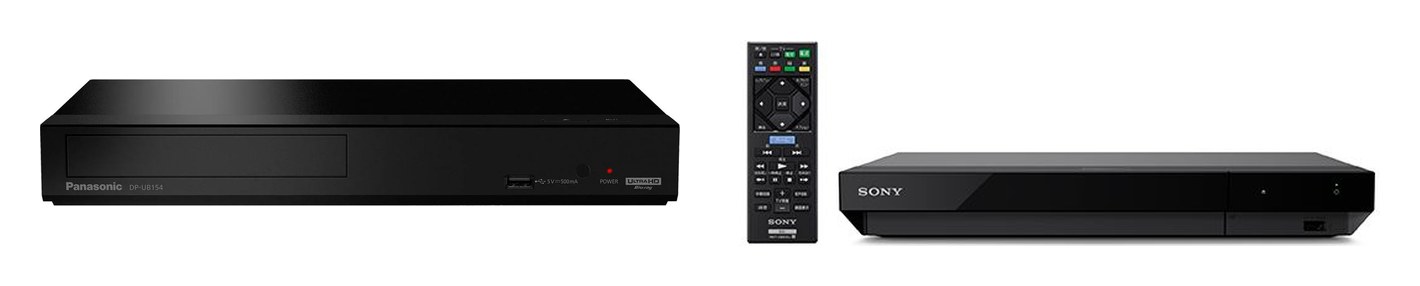 Two flat black disc players side by side: a Panasonic DP-UB154, and a Sony UBP-X700 with its remote control.