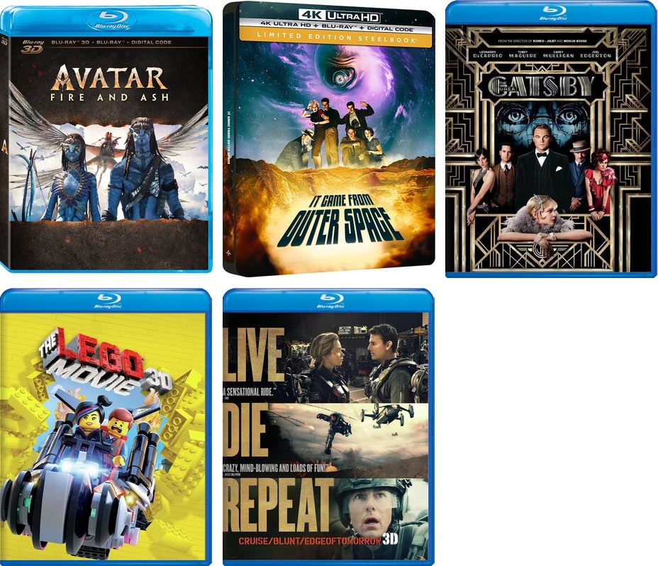 Five disc covers in two rows: the 3D Blu-rays of Avatar: Fire and Ash, It Came from Outer Space (a SteelBook), The Great Gatsby, The LEGO Movie and Edge of Tomorrow.