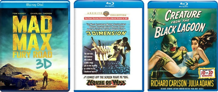 Three 3D Blu-ray cases side by side: Mad Max: Fury Road 3D, House of Wax and Creature from the Black Lagoon.
