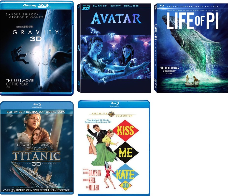 Five 3D Blu-ray covers in two rows: Gravity, Avatar, Life of Pi, Titanic and Kiss Me Kate.