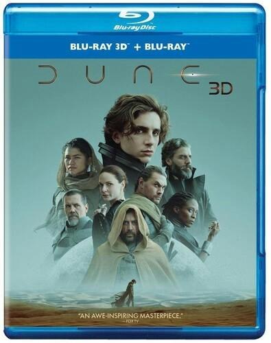The case of the Dune 3D Blu-ray, with a blue band across the top that reads Blu-ray 3D + Blu-ray.