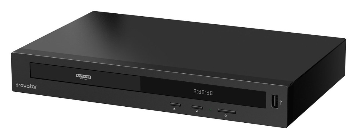 A flat black Blu-ray player with the Krovatar name and an Ultra HD Blu-ray mark on its front, seen from an angle.