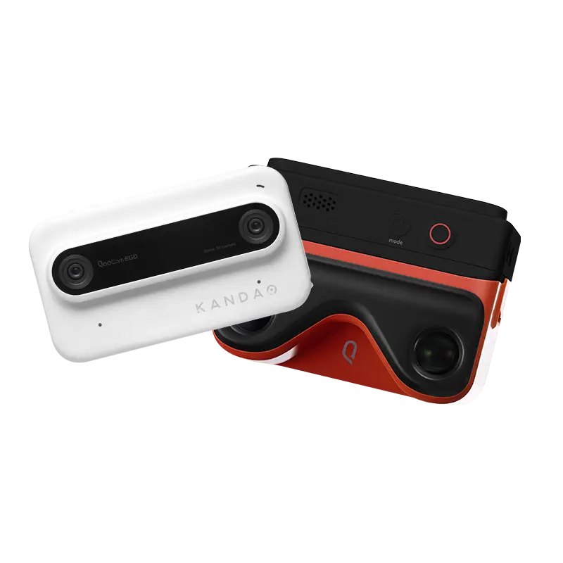 Two Kandao QooCam EGO cameras, one white and one black, each with two lenses side by side.