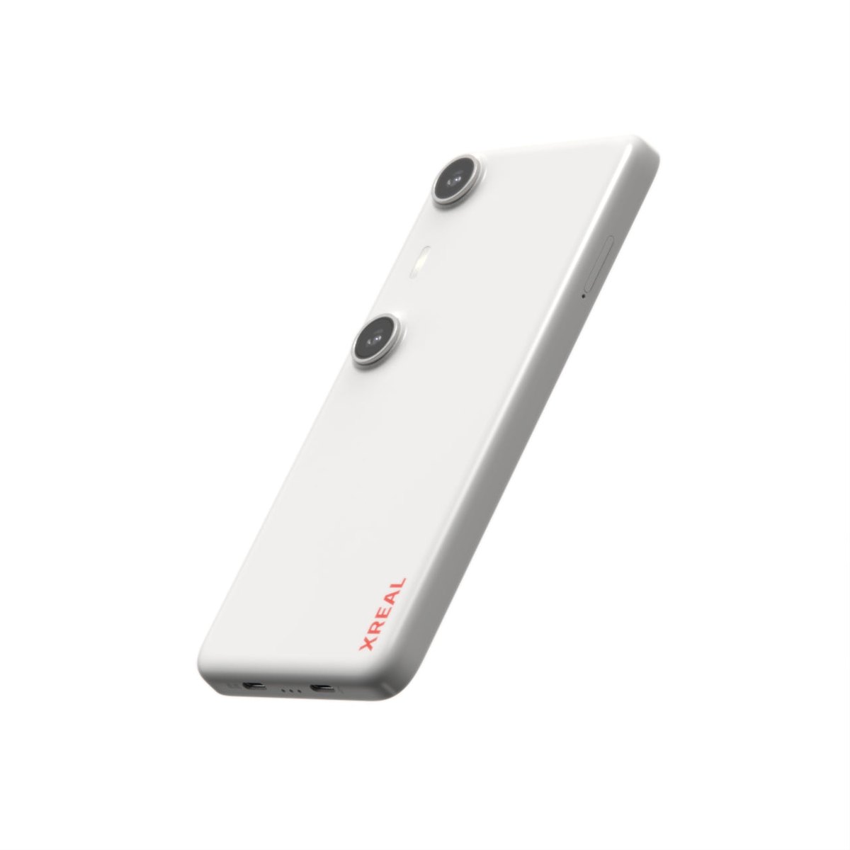 The back of a white XREAL Beam Pro, a phone-shaped device with two camera lenses set apart.