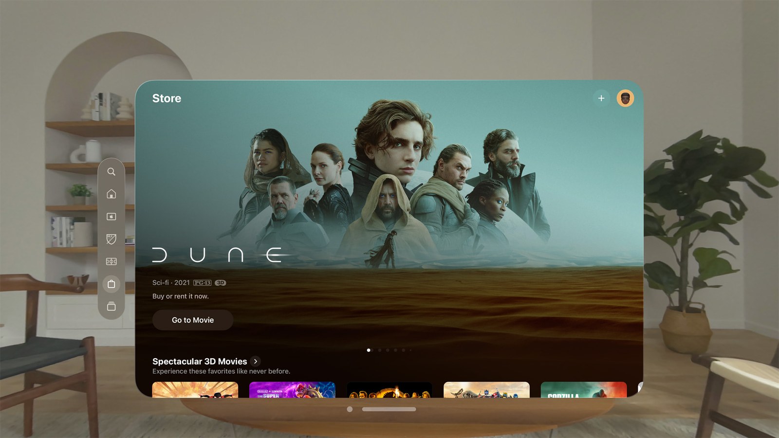 The Apple TV app's store in a window floating in a living room, showing Dune and a row titled Spectacular 3D Movies.