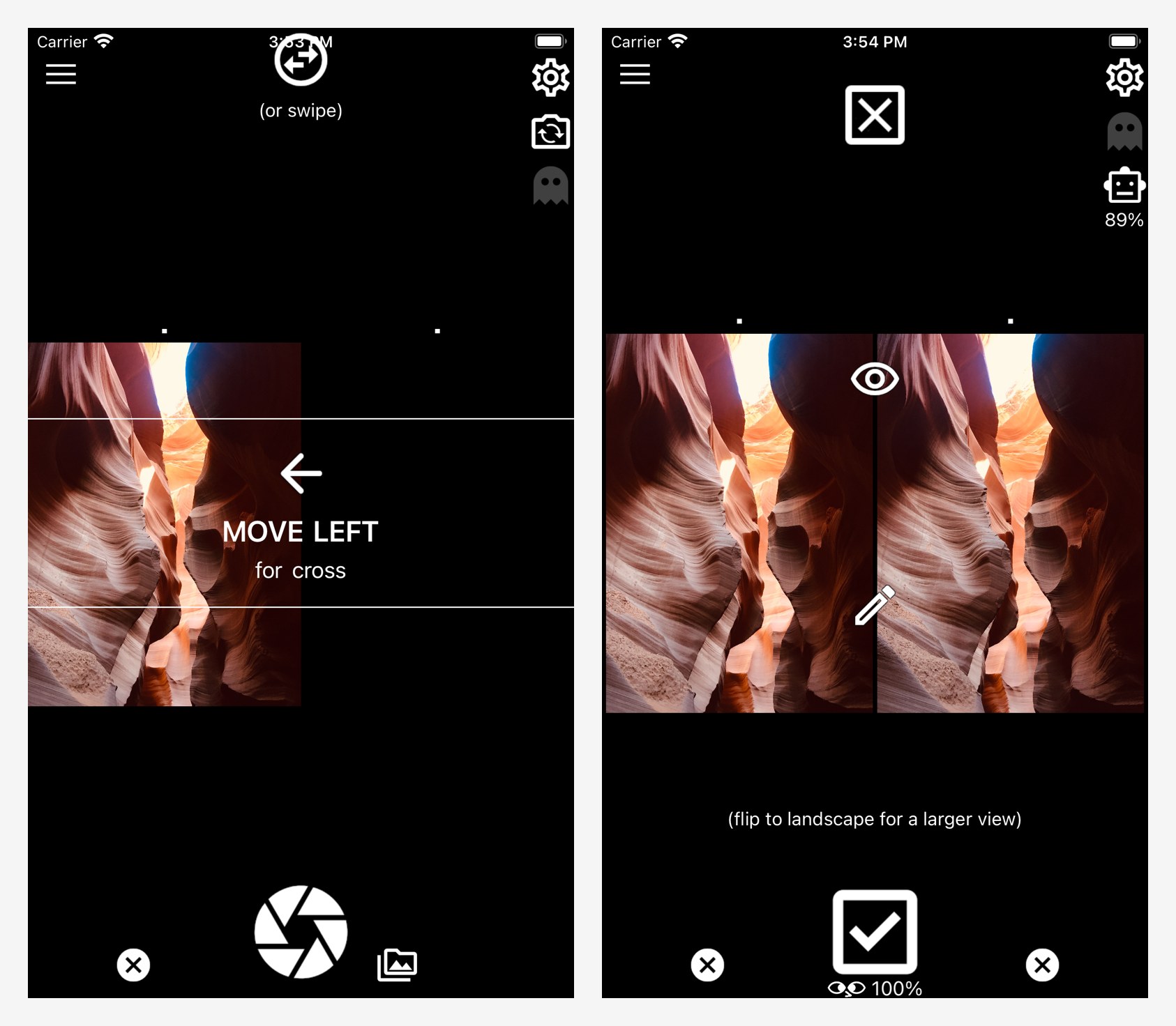 Two screenshots of the CrossCam app on an iPhone. In the first, a photo of a sandstone canyon fills the left half of the frame, with an arrow and the words "MOVE LEFT for cross" over it. In the second, two nearly identical canyon photos sit side by side.