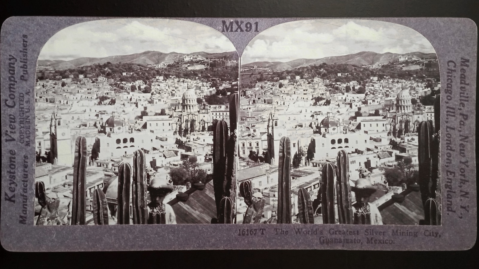 A 1920 stereo card from the Keystone View Company: two nearly identical photos of Guanajuato, Mexico, side by side on a grey card.