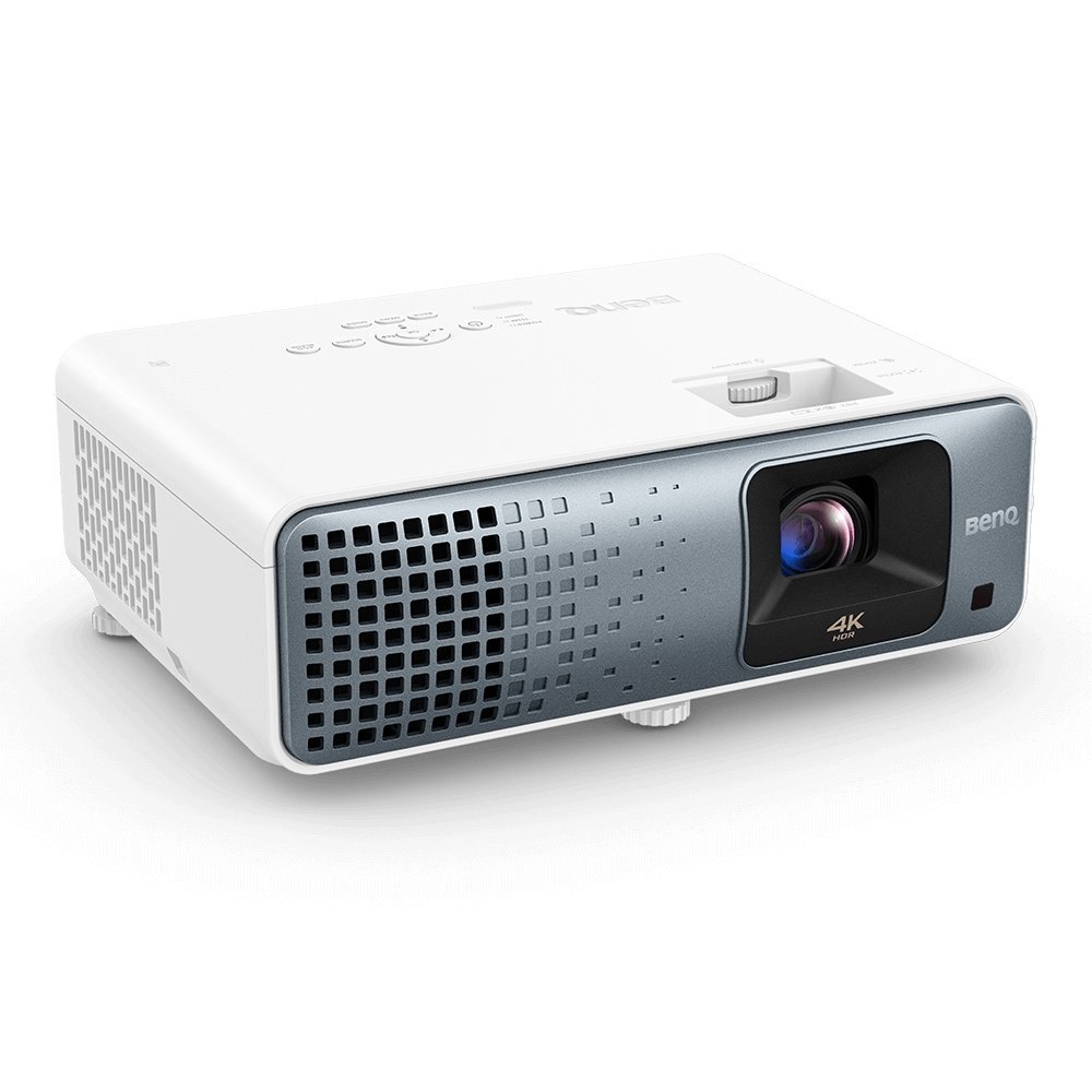 A white BenQ TK710 projector with a grey front grille, seen from an angle.