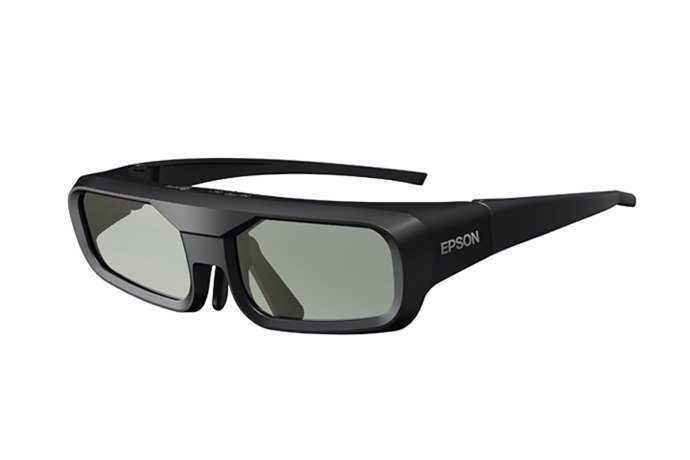 A pair of black Epson ELPGS03 active shutter 3D glasses.