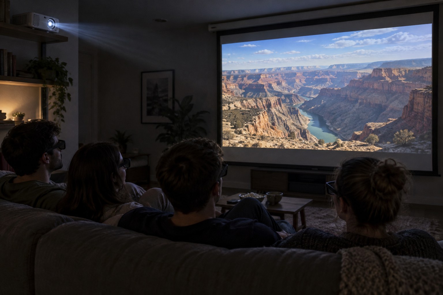Four people on a sofa in a dark living room, wearing dark 3D glasses, watching a canyon landscape on a large projection screen, with a projector on a shelf behind them.