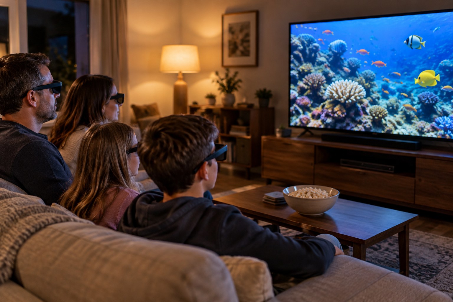 A family of four on a sofa in a living room in the evening, all wearing dark 3D glasses, watching a coral reef on a large flat-screen TV.