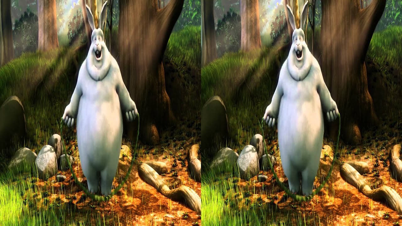 Two nearly identical frames of a cartoon rabbit in a forest, next to each other.
