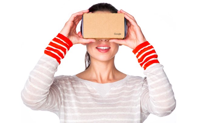 A person holding a Google Cardboard viewer up to their eyes.
