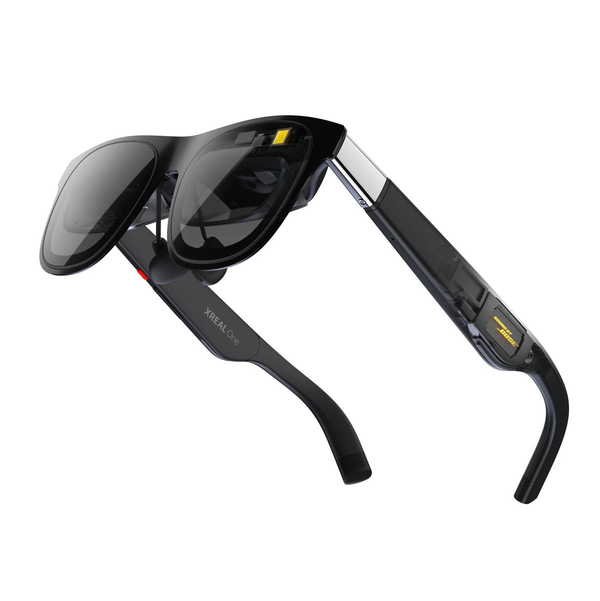 A pair of black XREAL One glasses seen from an angle.
