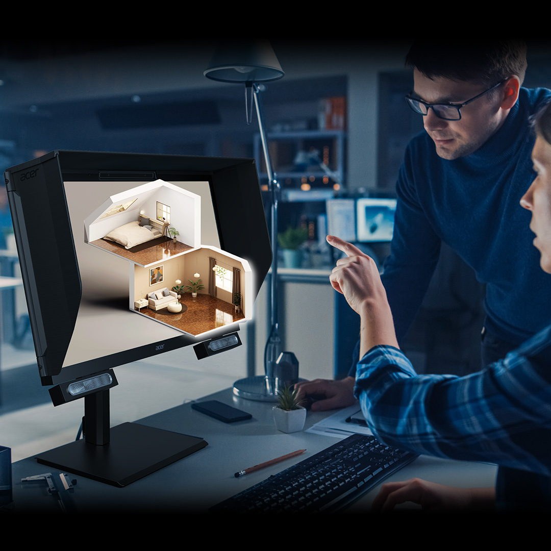 Two people at a desk looking at an Acer SpatialLabs View Pro 27 monitor, with a cutaway model of a house drawn as if standing out of the screen; neither wears 3D glasses.