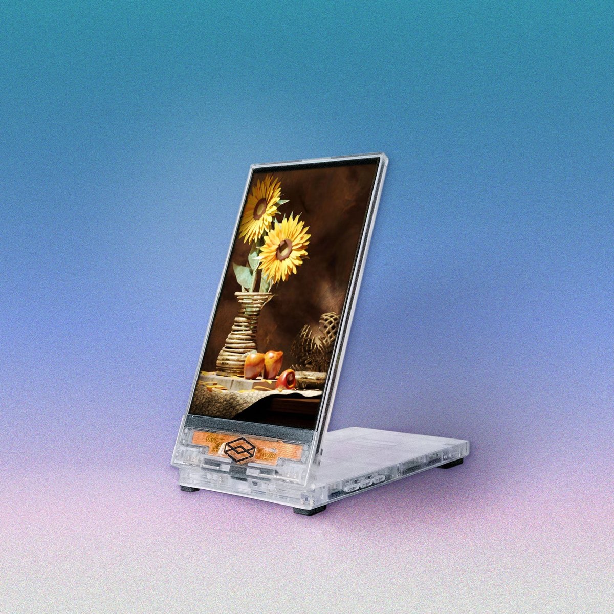 A Looking Glass Go, a small upright display on a clear folding base, showing a still life with sunflowers.