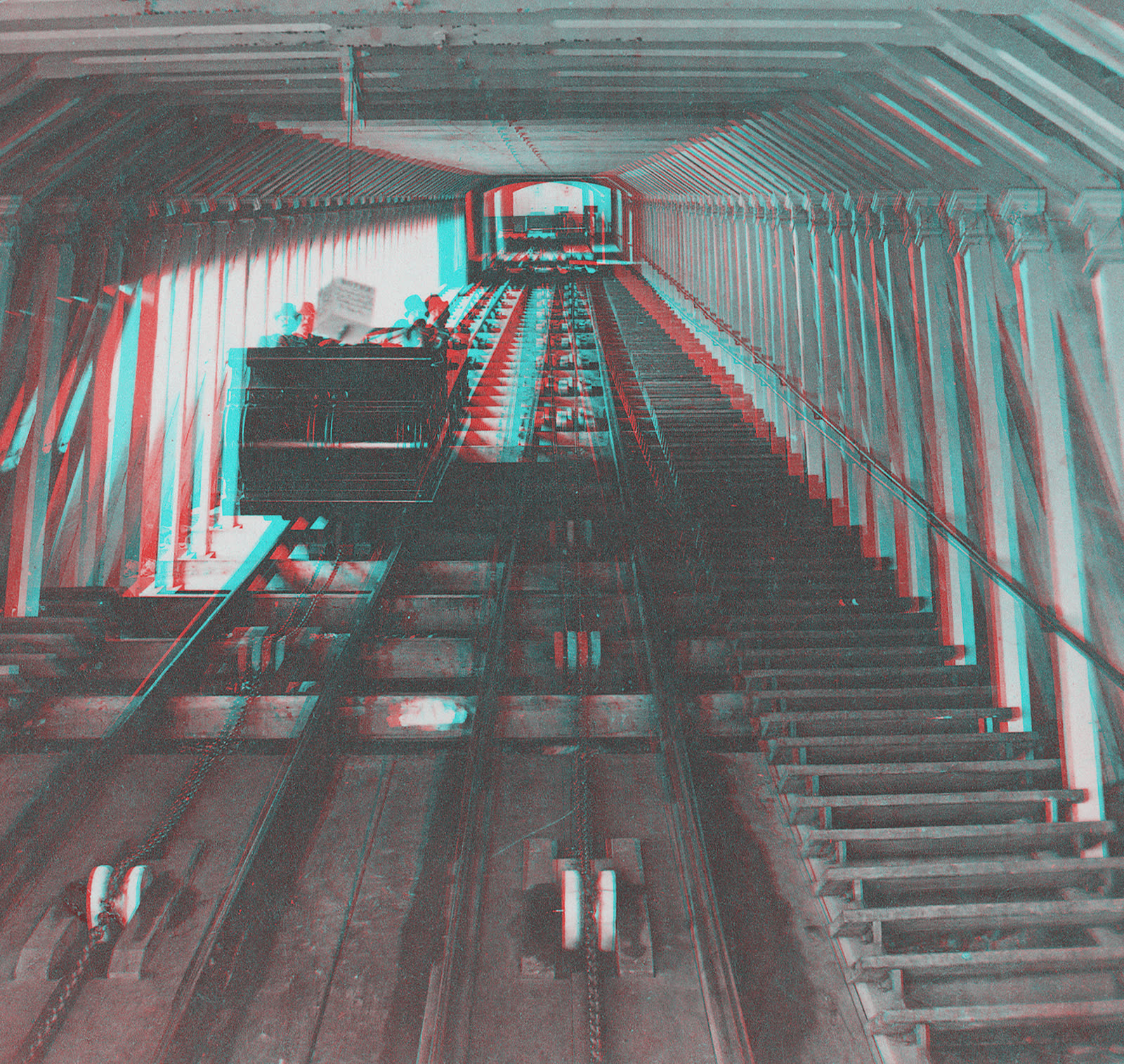 Red-cyan anaglyph 3D picture looking up the covered inclined railway at Niagara, with a car on the track