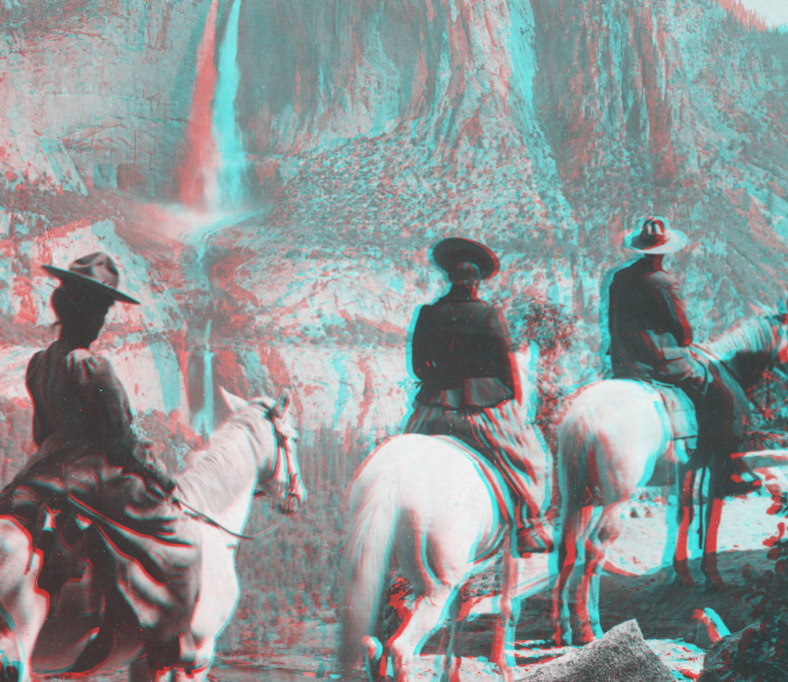 Red-cyan anaglyph 3D picture of three riders on horseback looking across a valley at Yosemite Falls