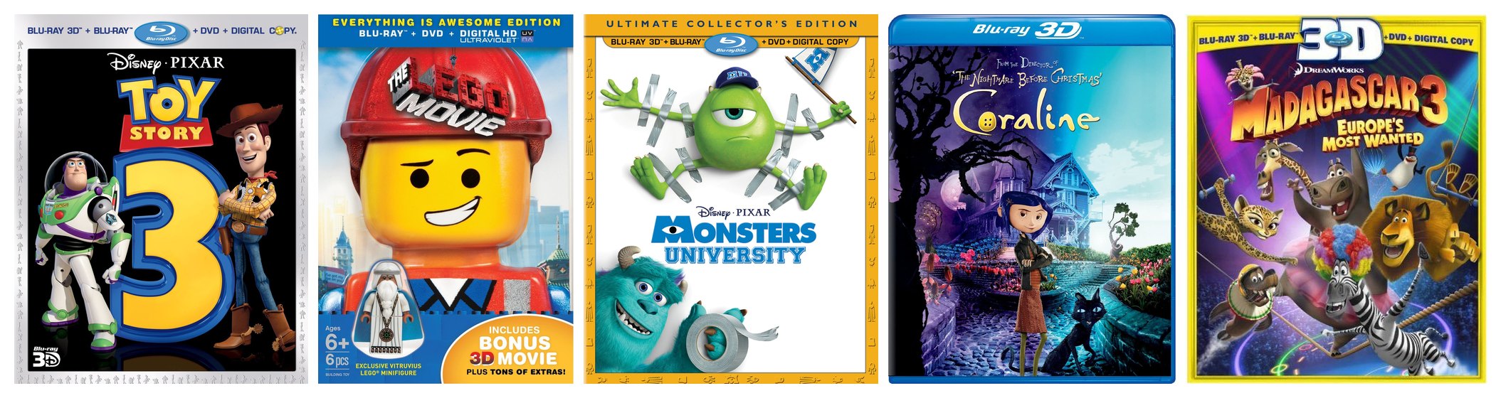 The front covers of five 3D Blu-rays side by side: Toy Story 3, The LEGO Movie, Monsters University, Coraline and Madagascar 3: Europe's Most Wanted.