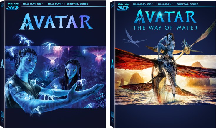 Two 3D Blu-ray cases side by side: Avatar and Avatar: The Way of Water, each with a Blu-ray 3D band across the top.