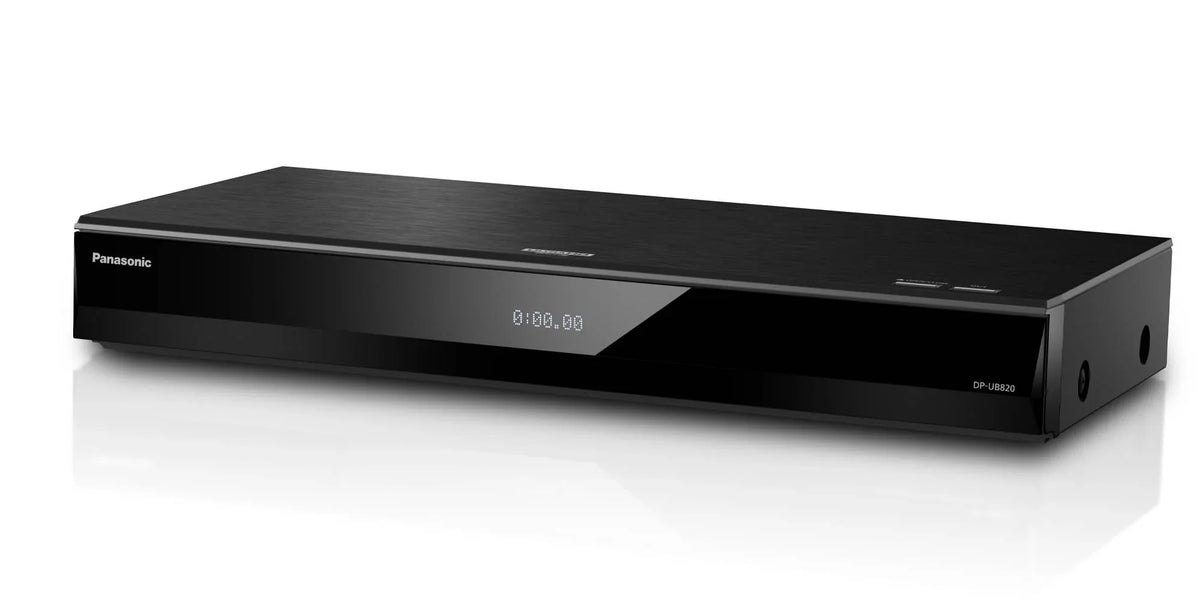 A black Panasonic DP-UB820 Blu-ray player seen from the front and above.