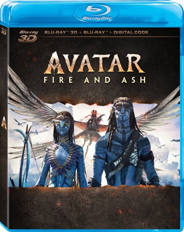 The case of the Avatar: Fire and Ash 3D Blu-ray, with a band across the top that reads Blu-ray 3D + Blu-ray + Digital Code.