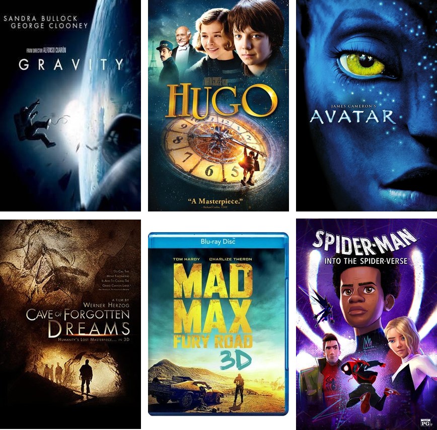 Six film posters and disc covers in two rows: Gravity, Hugo, Avatar, Cave of Forgotten Dreams, Mad Max: Fury Road 3D and Spider-Man: Into the Spider-Verse.