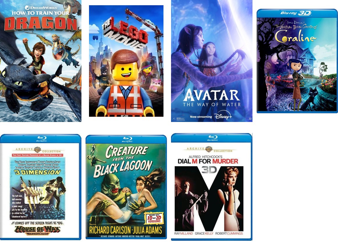 Seven pictures in two rows: posters for How to Train Your Dragon, The LEGO Movie and Avatar: The Way of Water, and the 3D Blu-ray cases of Coraline, House of Wax, Creature from the Black Lagoon and Dial M for Murder.