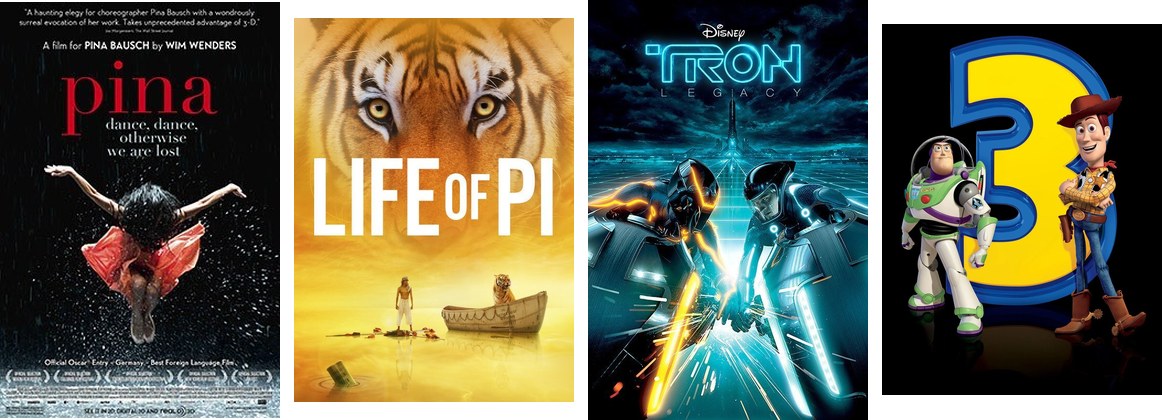 Four film posters in a row: Pina, Life of Pi, Tron: Legacy and Toy Story 3.