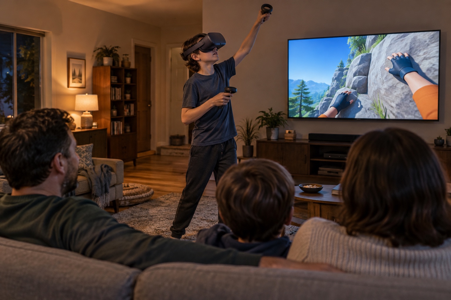 A family on a sofa watches a TV that shows a first-person view of a climbing game while a teenager in a VR headset plays in the middle of the room.