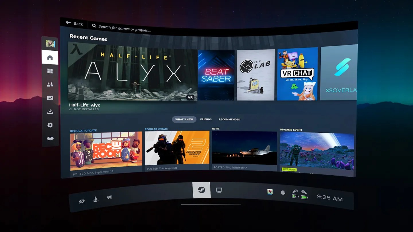 Steam's library on a curved panel inside a headset, with Half-Life: Alyx, Beat Saber and VRChat tiles.