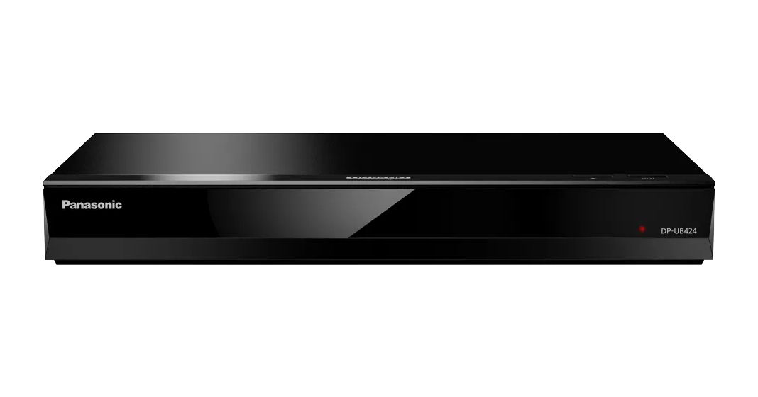 Flacher schwarzer Blu-ray-Player von vorn, links der Schriftzug „Panasonic“, rechts die Modellbezeichnung „DP-UB424“.