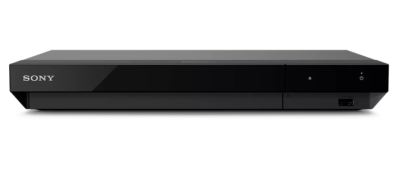 Flacher schwarzer Blu-ray-Player von vorn, links der Schriftzug „Sony“, rechts Auswurftaste, Einschalttaste und ein USB-Anschluss.