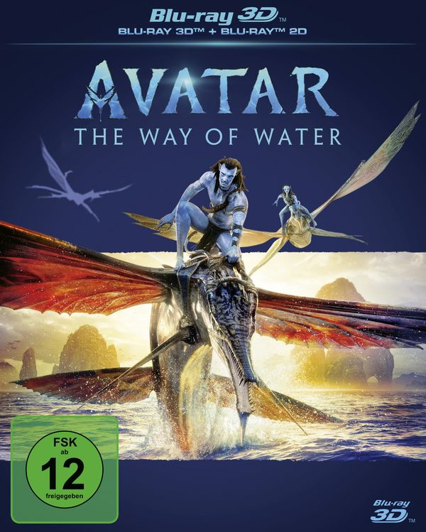 Deutsche Hülle von „Avatar: The Way of Water“ mit dem Schriftzug „Blu-ray 3D“ oben und FSK-12-Kennzeichen.