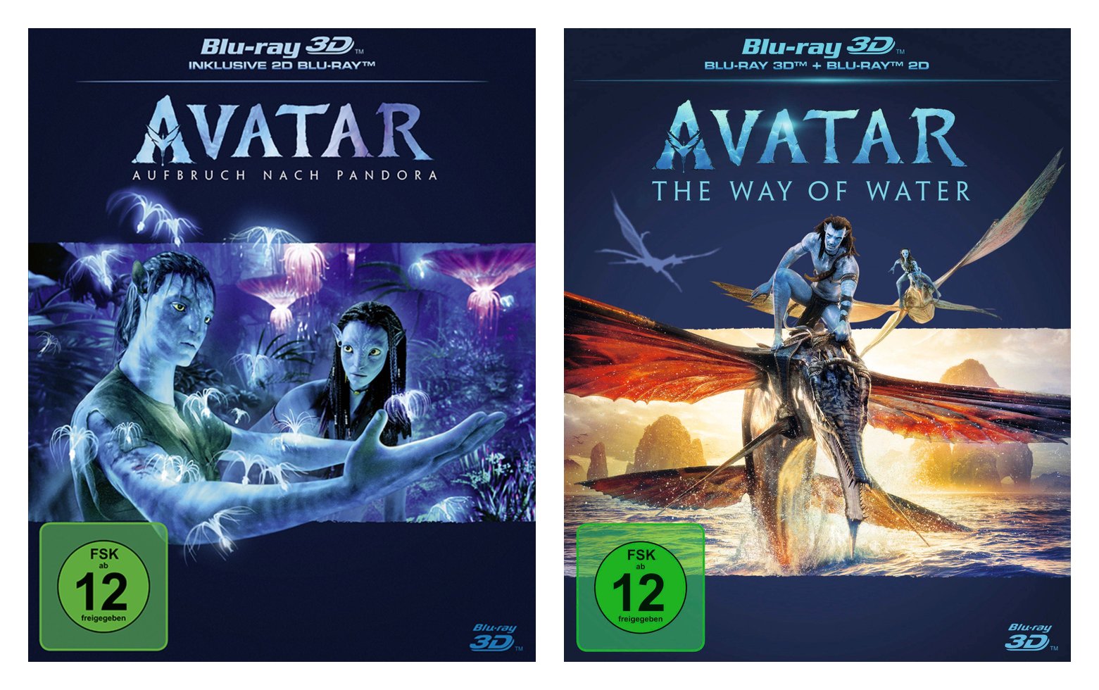 Die Hüllen der deutschen 3D-Blu-rays von „Avatar: Aufbruch nach Pandora“ und „Avatar: The Way of Water“, beide mit dem Schriftzug „Blu-ray 3D“ oben und FSK-12-Kennzeichen.