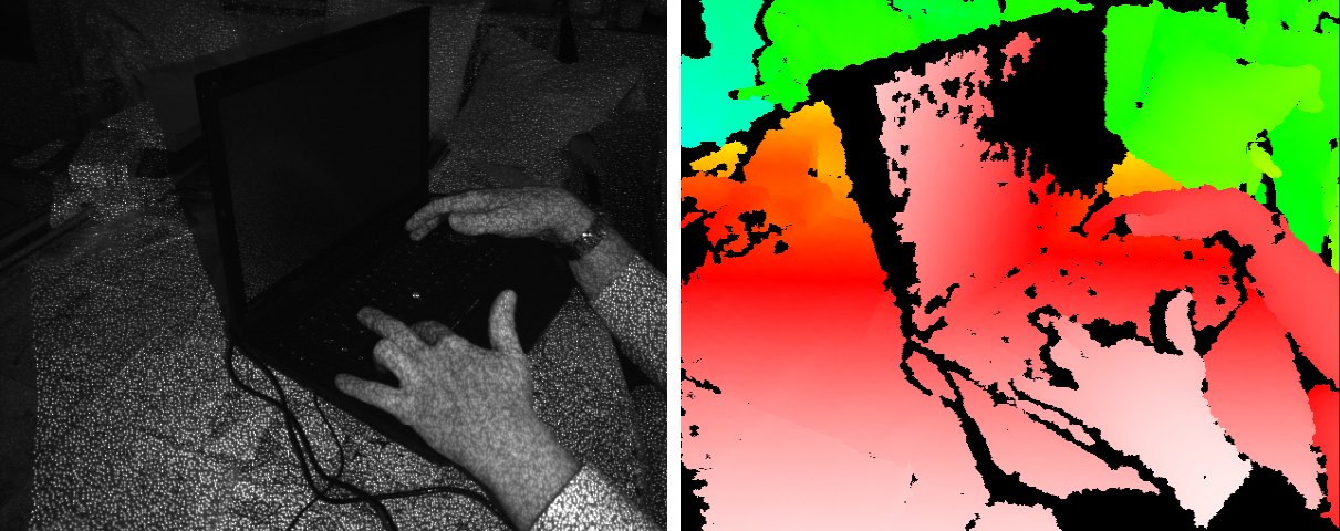 Left: an infrared photo of hands on a laptop keyboard, covered in a fine pattern of bright dots. Right: a depth map of the same scene in colour, the hands pale pink, the desk red, the wall behind green, and black gaps.