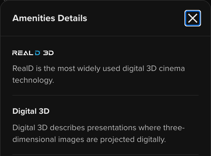 Fandango's Amenities Details panel: a RealD 3D logo with the sentence RealD is the most widely used digital 3D cinema technology, then the heading Digital 3D with the sentence Digital 3D describes presentations where three-dimensional images are projected digitally.