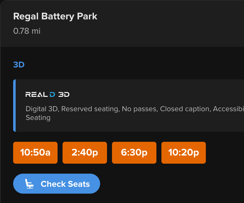 A Fandango showtimes listing for Regal Battery Park: the heading 3D, a RealD 3D logo, and under it the words Digital 3D, Reserved seating, No passes, Closed caption, followed by four showtimes.