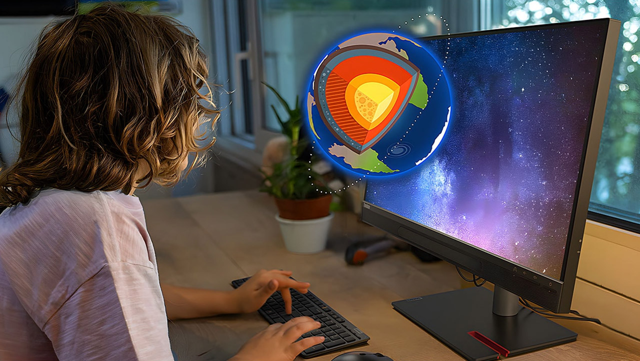A person at a desk, wearing no 3D glasses, in front of a Lenovo ThinkVision 27 3D monitor; a cutaway model of the Earth is drawn as if floating out of the screen.