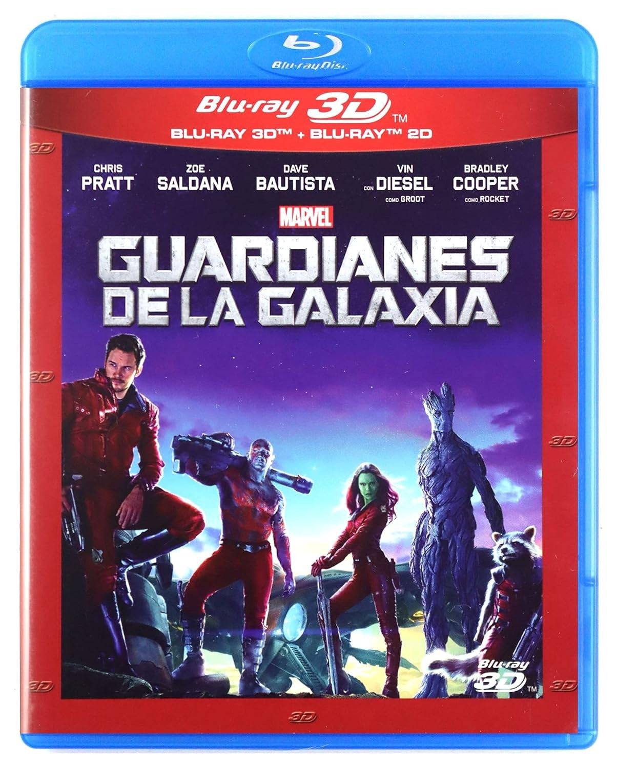 Carátula española de «Guardianes de la galaxia» con la franja «Blu-ray 3D» en la parte superior.