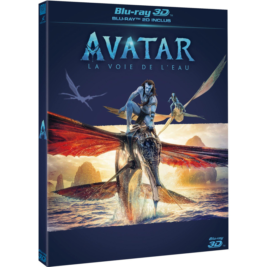 Boîtier du Blu-ray 3D français d’« Avatar : la voie de l’eau », avec le bandeau Blu-ray 3D en haut de la jaquette.