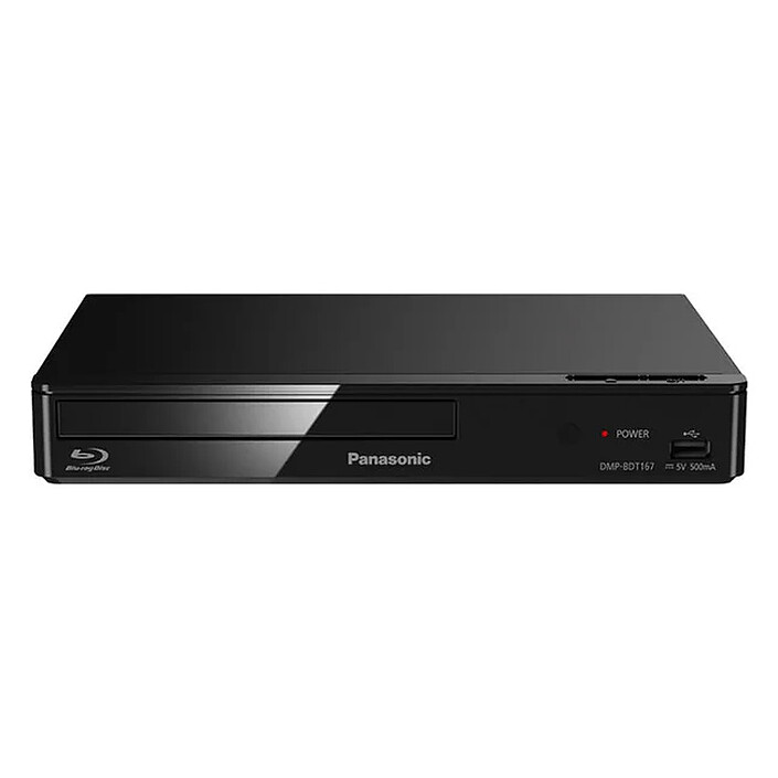 Un lecteur Blu-ray noir et plat vu de face, avec le logo Blu-ray Disc à gauche et un port USB à droite.