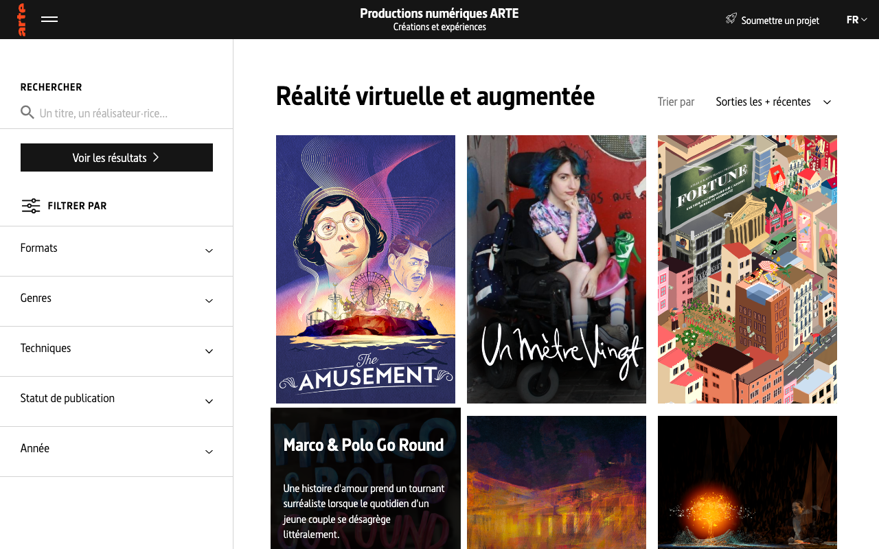 Page « Réalité virtuelle et augmentée » des Productions numériques ARTE, avec ses filtres et ses premières vignettes.