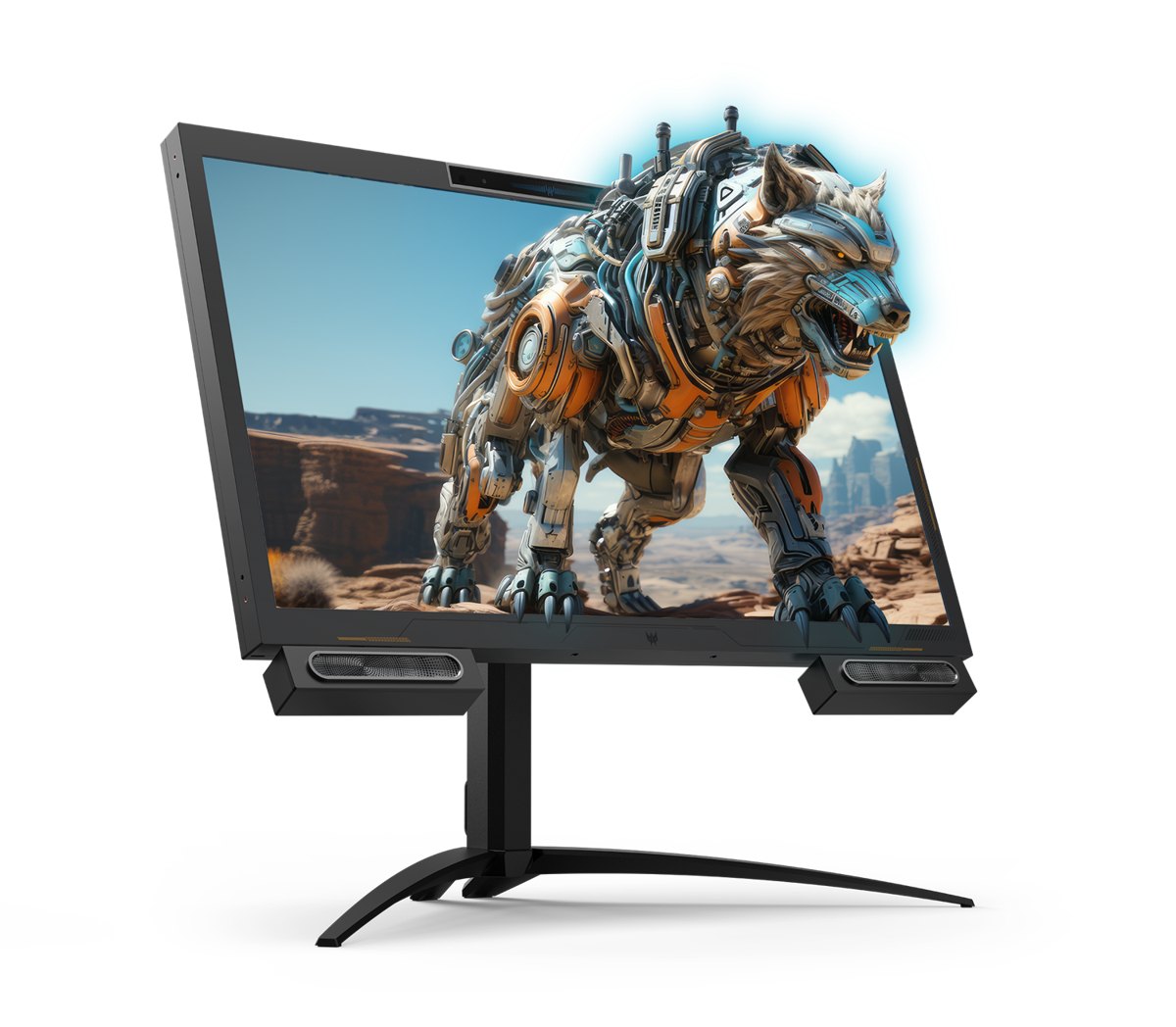 An Acer Predator SpatialLabs View 27 monitor on its stand, with a robot wolf drawn as if stepping out of the screen.