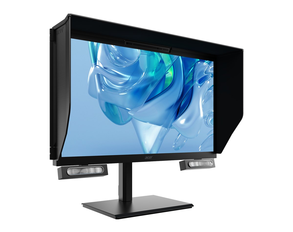 An Acer SpatialLabs View Pro 27 monitor with a shading hood, seen from an angle.
