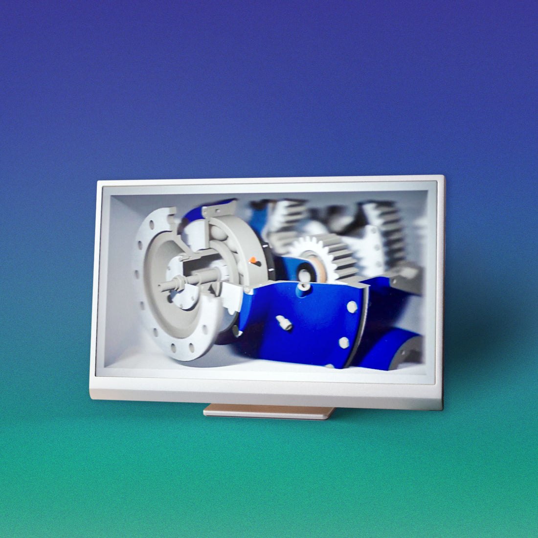A Looking Glass 16-inch Light Field Display in landscape position, showing a cutaway of a gearbox.