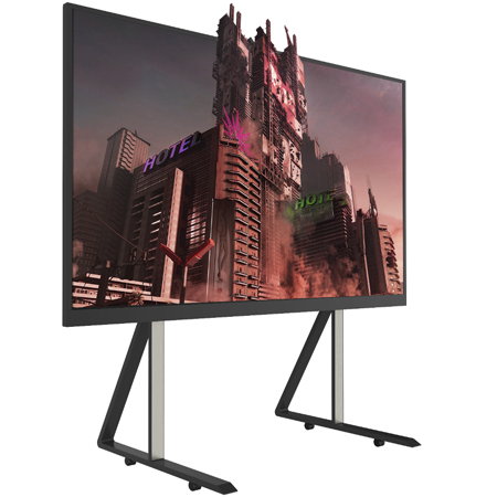 A large flat display on a black floor stand with wheels, its picture showing a tower drawn as if rising out of the top of the screen.